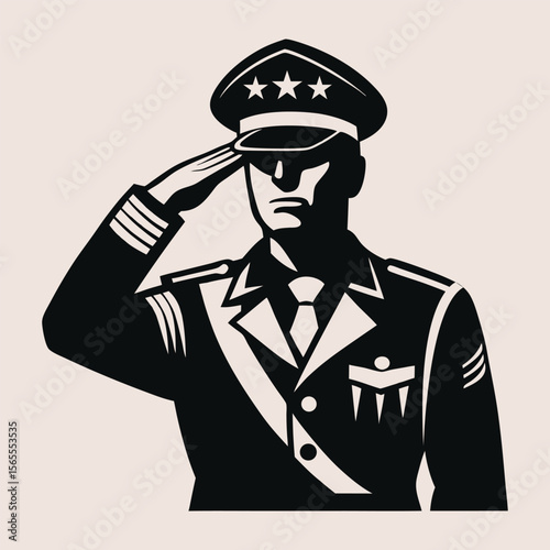 Military Officer Saluting with Stars on Hat in Black and White