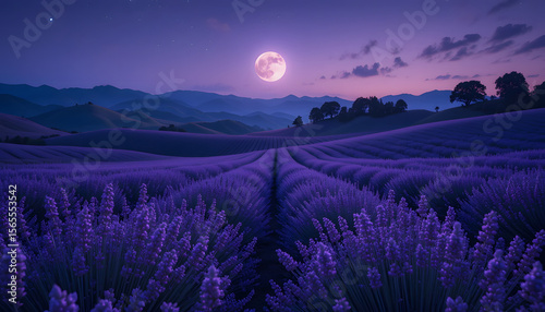 A serene lavender field at dusk under starry sky full moon silver glow rolling hills and gentle night breeze