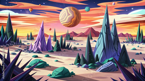 alien desert with jagged spiked rocks and a glowing purple sky cartoon perfect for sci-fi or fantasy game backgrounds, concept art, and world-building projects