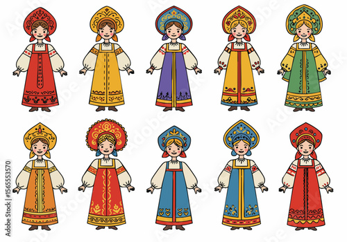 Set of traditional Russian folk girls in colorful dresses and kokoshnik headdresses, cartoon illustration on white background.