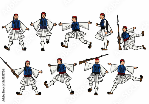 Multiple vector illustrations of Greek Evzone soldiers in traditional uniform, performing various poses and holding rifles, representing Greek culture and history.