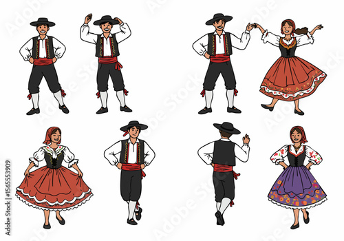 Illustrations of people performing traditional Portuguese folk dance in regional costumes on a white background, depicting cultural celebration and heritage.