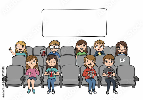 Cartoon Illustration of Children Watching a Movie in a Cinema Theater