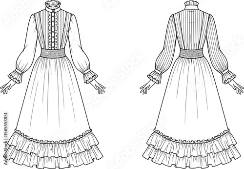 Victorian style long dress flat sketch, vintage fashion design, ruffle hem details, high neck, puff sleeve gown, front and back CAD vector illustration