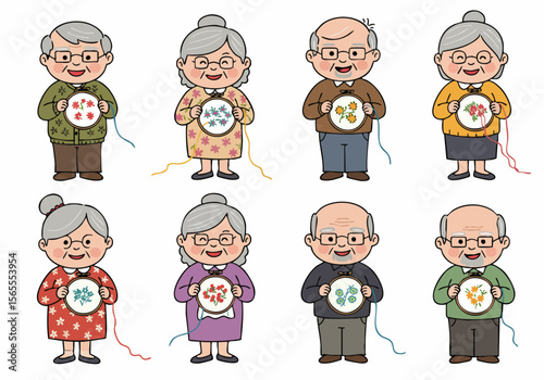 Cartoon illustration of smiling elderly men and women enjoying the hobby of embroidery with colorful floral designs on white background.