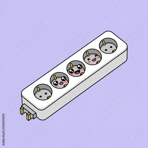 Cartoon illustration of a white power strip with cute faces in each outlet, on a purple background.