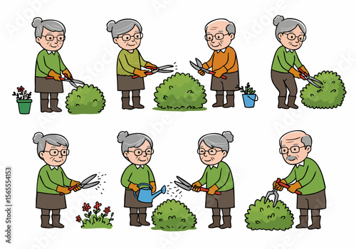 Set of Illustrations: Elderly People Enjoying Various Gardening Activities Like Trimming Bushes and Watering Plants