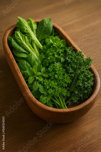 Wooden Bowl Overflowing with Fresh Herbs A Symphony of Greens and Textures Captured in Stunning Detail on a Wooden Surface