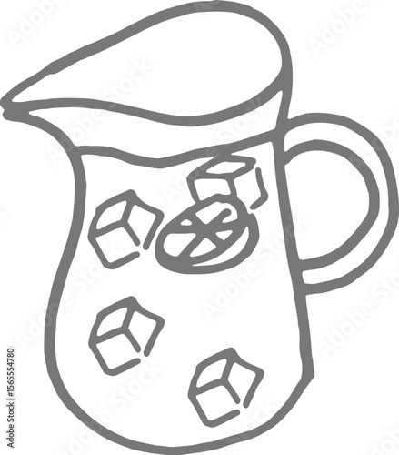 Hand-Drawn Vector Jug of Juice or Lemonade with Ice Cubes in Minimal Outline Style for Refreshment Branding

