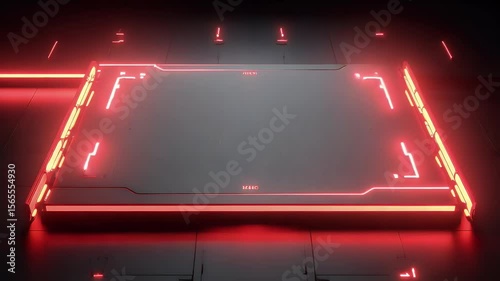 Abstract digital illustration features a glowing rectangular platform with red neon accents on a dark background creating a futuristic atmosphere
