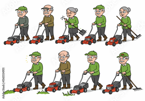 Cartoon illustrations of elderly people doing yard work, including mowing the lawn and raking, depicting active senior lifestyle and garden maintenance tasks.