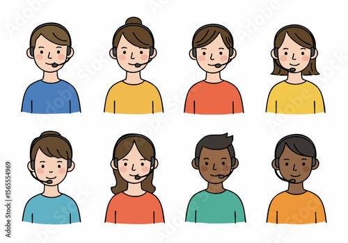 Illustrated Set of Diverse People with Headsets Representing Customer Service and Support