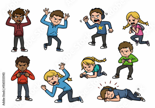 Collection of cartoon kids showing strong negative emotions like anger, frustration, stress, and exhaustion, some related to gaming or intense situations.