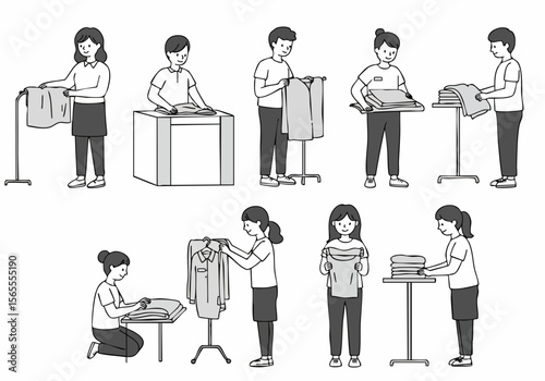 Illustration of Various People Folding and Handling Clothes and Textiles, Depicting Laundry, Dry Cleaning, or Housekeeping Activities.