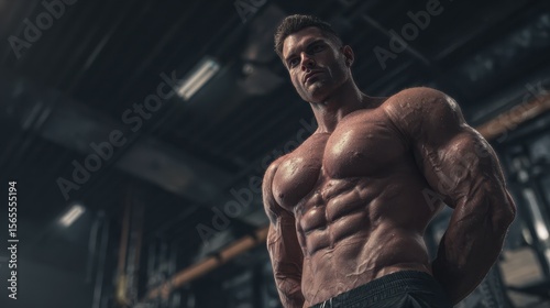 A muscular and handsome athlete strikes a powerful pose, showcasing strength and fitness in a gym setting.