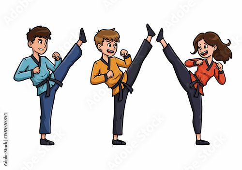 Cartoon Illustration of Happy Kids Practicing High Kicks in Martial Arts Class