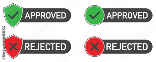 Set of approved and rejected vector labels with shield and circle icons in green and red. Includes bold check and cross symbols for UI, apps, websites, forms, and feedback indicators.