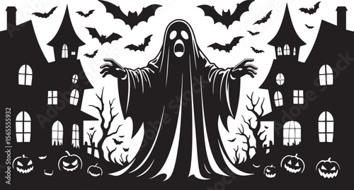 Spooky ghost haunted houses bats pumpkins halloween