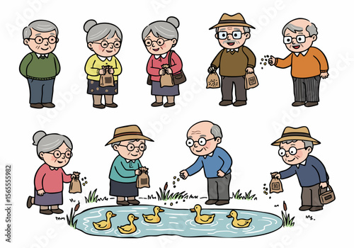 Cartoon illustration of happy elderly people in a park, some standing and holding feed bags, while others are feeding ducks in a pond, depicting leisure and outdoor activity.