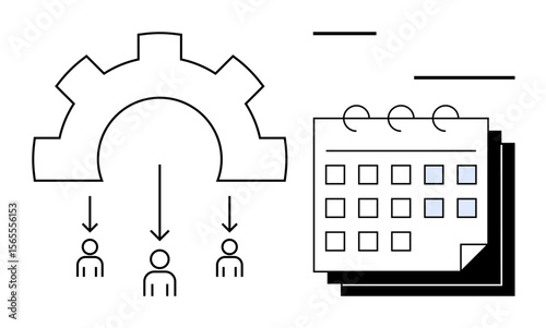 Gear connected to three users and calendar with marked dates. Ideal for planning, organization, team collaboration, project management, workflow, scheduling, timing. Simple flat metaphor