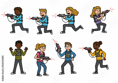 Cartoon illustration of diverse kids playing laser tag, running, aiming, and having fun with vests and guns in various poses.