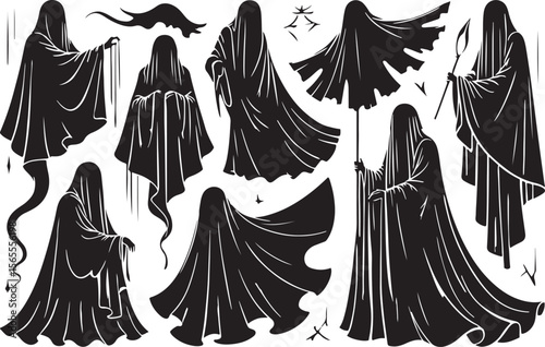 Black cloaked figures with flowing robes black and white