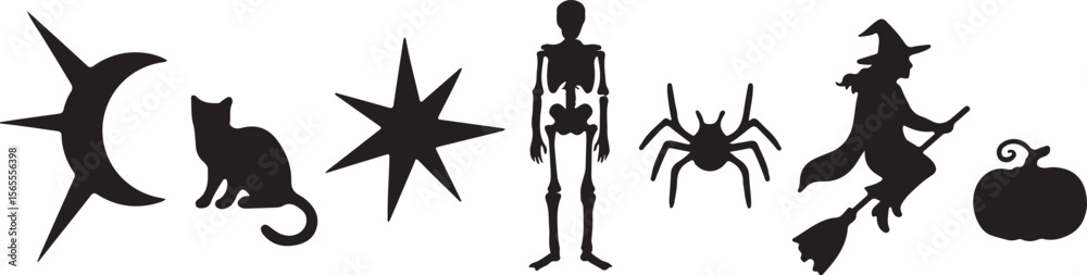 Fototapeta premium Halloween silhouettes black cat skeleton spider witch pumpkin