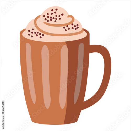 Cappuccino vector illustration isolated on white background, featuring a cup topped with whipped cream. Perfect for coffee shop menus and beverage themed designs.