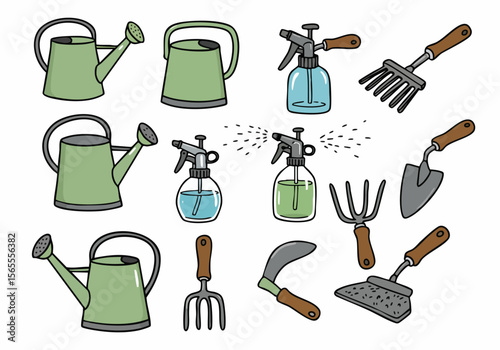 Set of various hand-drawn cartoon gardening tools including watering cans, spray bottles, trowel, rake, and other cultivation equipment on a white background.