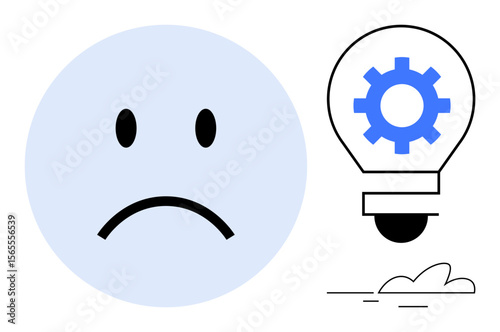 Sad face alongside a light bulb with gear suggests problem-solving, innovation, and solutions. Ideal for technology, brainstorming, emotions, creativity, challenges, productivity simple flat