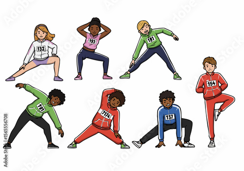 Diverse group of young cartoon athletes in various poses stretching and warming up before a sports event or training.