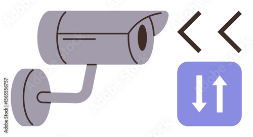 Security camera mounted sideways. Two directional arrows in a blue box and chevron brackets signify movement or focus adjustment. Ideal for security, surveillance, monitoring, safety, system