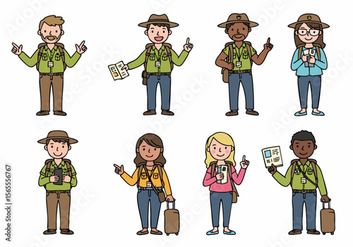 Diverse cartoon travelers are ready for their journey, featuring individuals holding maps, tickets, phones, and luggage in various poses.
