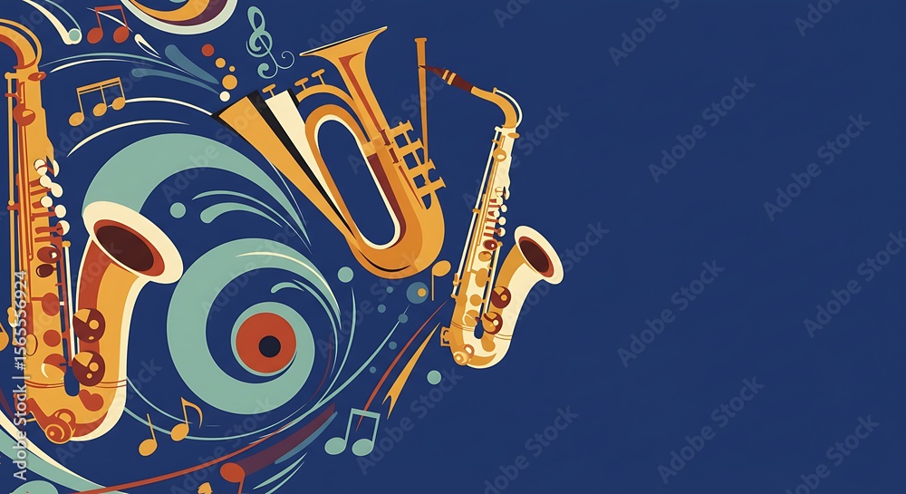 Fototapeta premium Vibrant Jazz Music Illustration Saxophones, Trumpets, and Musical Notes