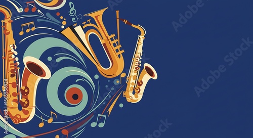 Vibrant Jazz Music Illustration Saxophones, Trumpets, and Musical Notes