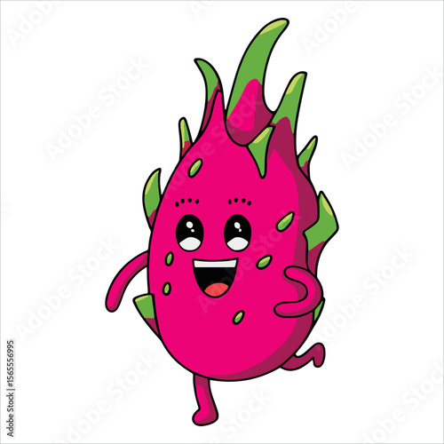 Cartoon dragon fruit mascot character cute illustration, ideal for food packaging and advertising visuals.