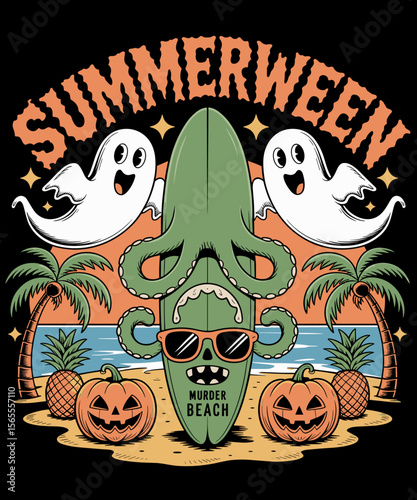Summerween Skeleton Beach Party Halloween Vibes funny beach lover