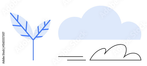 Delicate leaf and abstract cloud design with subtle wind lines convey clean energy, sustainability, growth, innovation, eco-friendliness, climate change, and ecosystem balance in a simple flat
