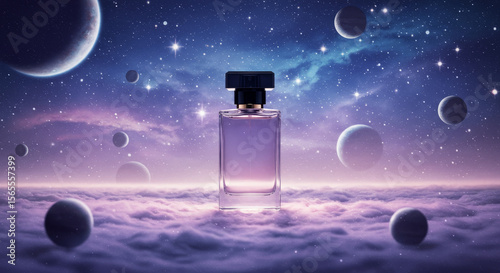 Celestial Perfume Bottle on Clouds - Elegant perfume bottle showcased against a dreamy backdrop of clouds and stars, creating a serene and mystical atmosphere