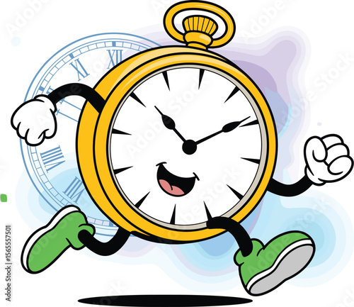 Happy Running Pocket Watch Cartoon Character with Green Shoes, Illustrating Time Management, cad drawing flat vector illustration.
