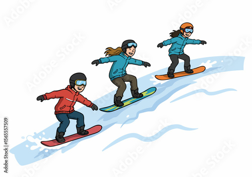 Cartoon illustration of a family or group of friends snowboarding down a snowy slope, enjoying winter sports and outdoor activity.