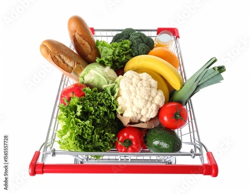 Full Grocery Cart Loaded with Fresh Vegetables and Fruits in Bright White Background photo