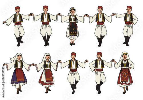 Illustration of people in traditional Balkan costumes holding hands and performing a folk dance on a white background.
