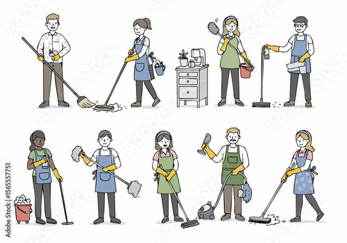 Illustrations of diverse people performing various cleaning tasks with different tools, representing professional and domestic cleaning services.