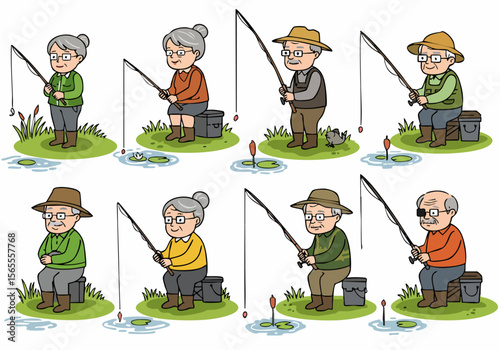 Cartoon illustrations of diverse senior men and women enjoying their hobby of fishing by a pond.