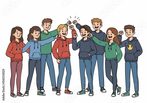 Energetic illustration of diverse young friends celebrating success with high fives and fist bumps showing unity and teamwork.