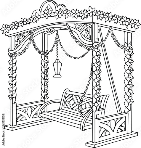 garden swing with floral decorated canopy