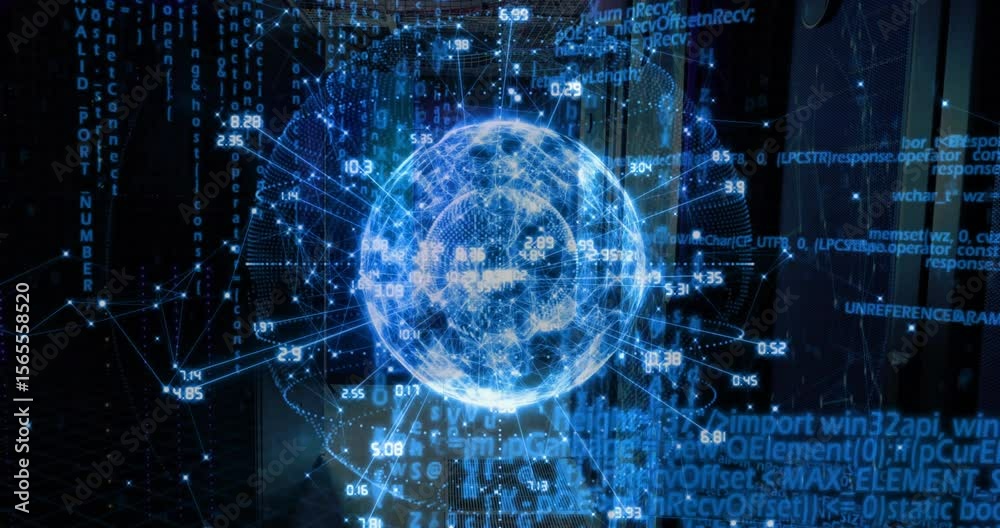 Server racks activating holographic globe spinning while data labels pulse for real-time monitoring