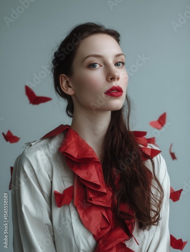 Elegant Woman with Red Lipstick and Paper Butterflies on White Dress in Studio