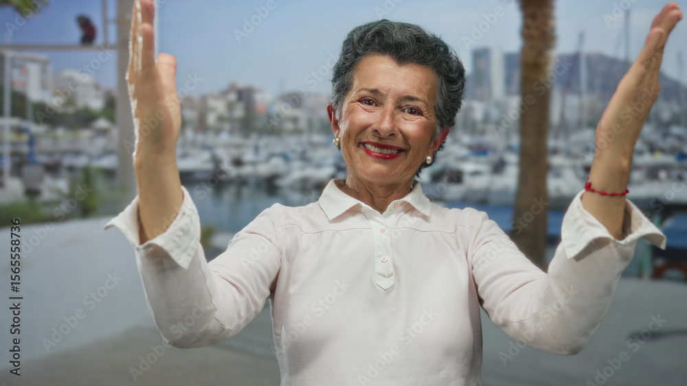 Fototapeta premium Senior woman with grey hair gesturing big size with hands, smiling joyfully at seaside port with boats and cityscape background, embodying happiness.